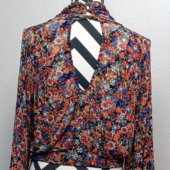 Free People All Dolled Up Sz S Boho Whimsigoth Dark Floral Mesh Blouse - Picture 5 of 14